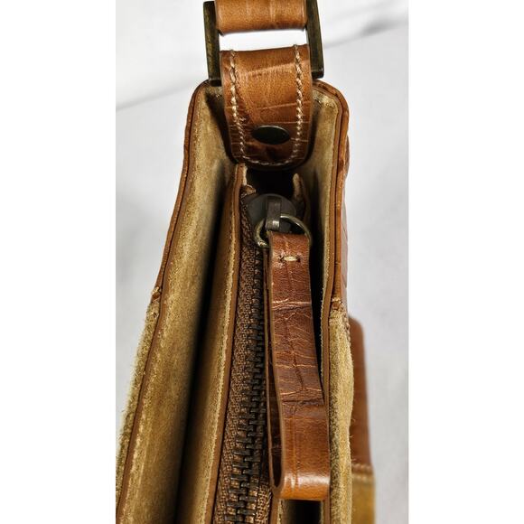 OROTON VINTAGE BROWN LEATHER AND SUEDE SHOULDER PURSE CROC PATTERN - Picture 7 of 16